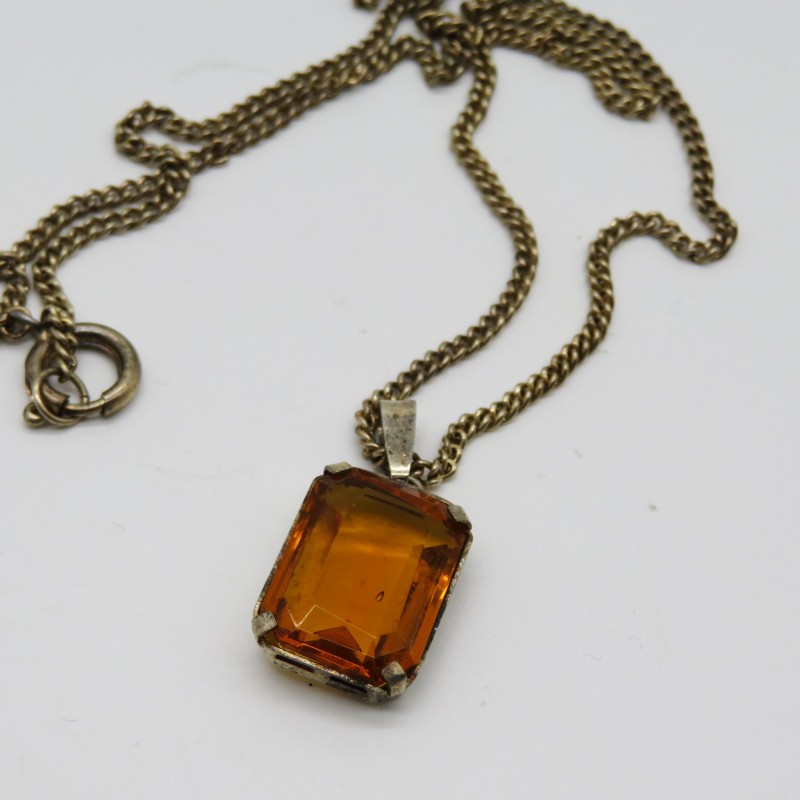 Art Deco 1930s - 1940s Amber Glass and Silver Plated Pendant