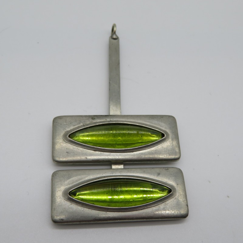 1960s Danish Modernist Pewter Pendant with Two Green Lozenges