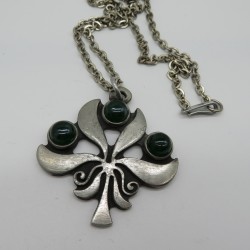 1970s Modernist Pewter and Green Glass Tree of Life Pendant