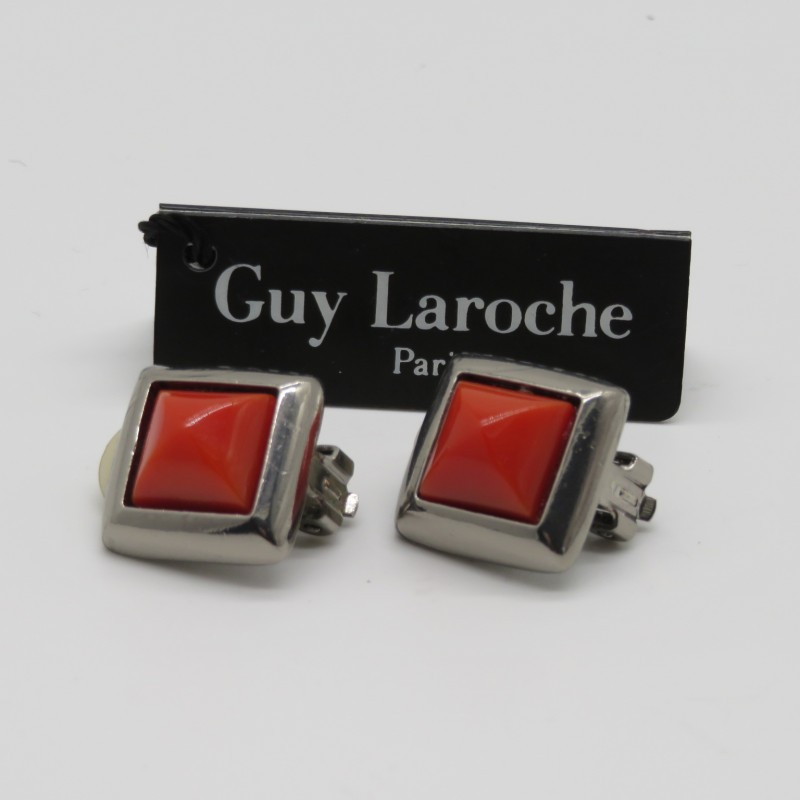 Vintage Square Clip On Earrings with Glass Coral Signed Guy Laroche