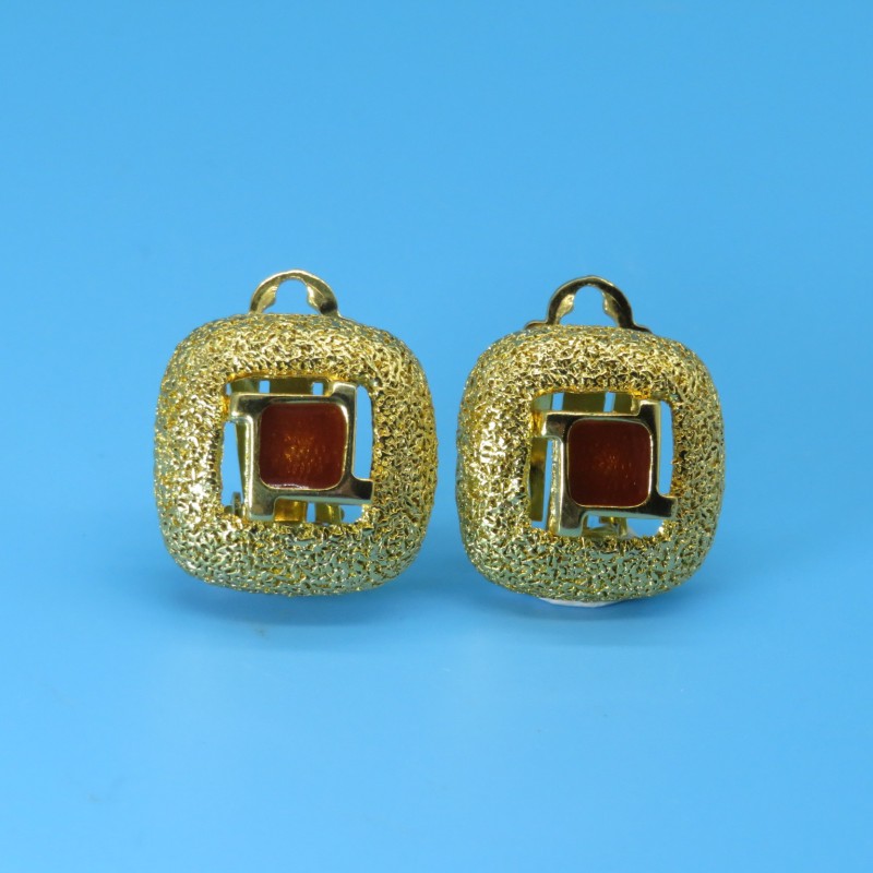 Orena 1980s Vintage Brushed Gold Metal and Enamel Square Earrings