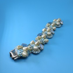 Art 1970s Vintage Bracelet Blue Enamel with Natural Shells