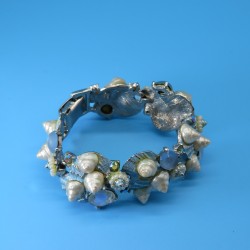 Art 1970s Vintage Bracelet Blue Enamel with Natural Shells