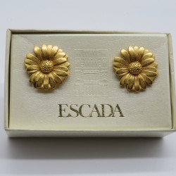 Daisy Flower Gold Tone Clip On Earrings Signed Escada. Circa 2000.