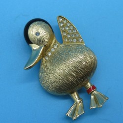 Vintage Enamel and Gold Plated Duck Brooch Signed Grosse