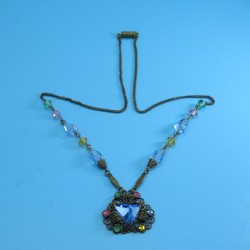 Cast Brass Filigree Necklace with Blue Pyramid Cut Rhinestone and Multicolour Crystal Stones