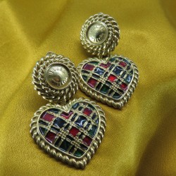 Vintage Butler and Wilson Gold Plated, Red, Black and Green Enamel Dangling Heart Earrings (1980s)
