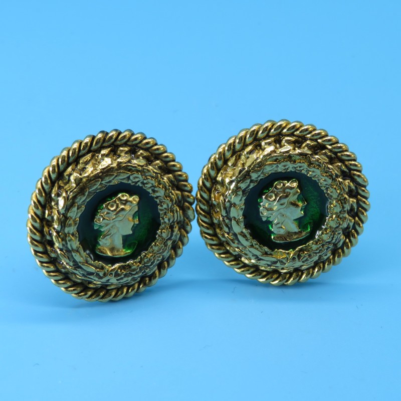 Butler and Wilson 1980s Round Green Enamel Earrings