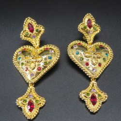 1980s Large Dangling Gold Plated Heart Earrings with Multicolour Rhinestones