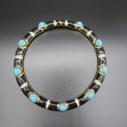 Grosse black enamel and turquoise glass cabochon and rhinestones collar necklace signed