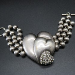 Charming 1980s Vintage Silver Metal Finish and Crystal Rhinestones Heart Bracelet Signed Ikuo