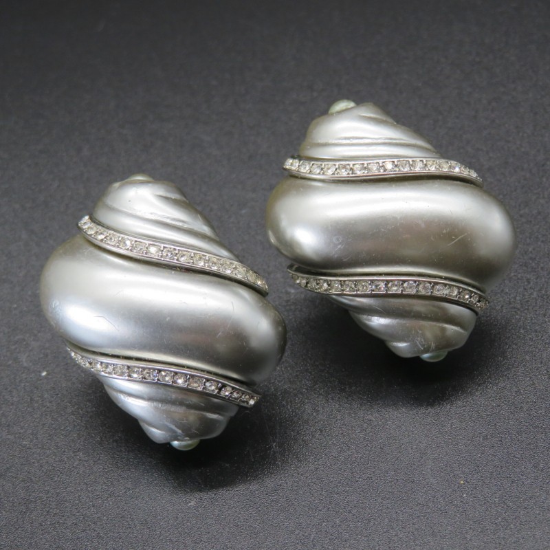 Kenneth Lane Sea Shell Grey Faux Pearl With Clear Swarovski Earrings