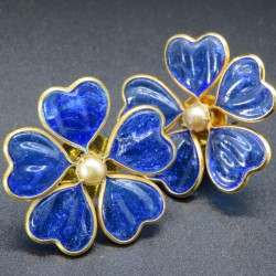 Vintage French 1970 Large Blue Glass Flower Earrings