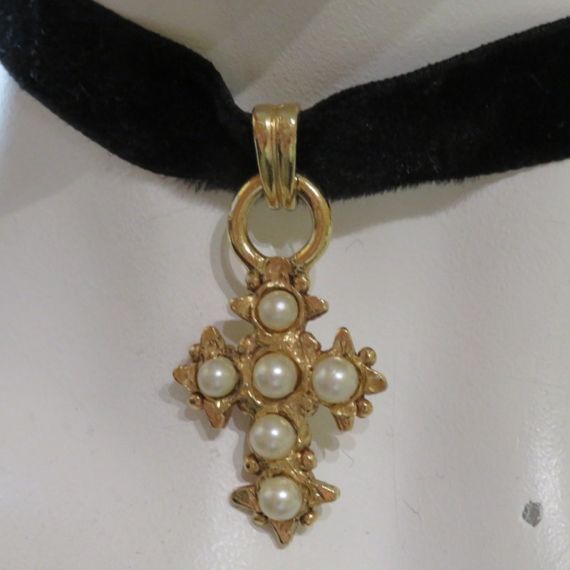 Jacky de Guy, Paris. Choker necklace with cross on black velvet ribbon ...