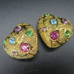 Heart clip on earrings gold plated and multicoloured crystals