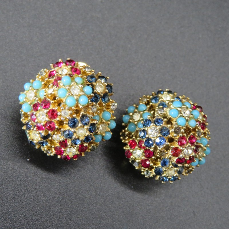 Vintage Ciner multicolour rhinestones clip on earrings