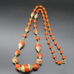 Art deco czech orange glass and brass necklace