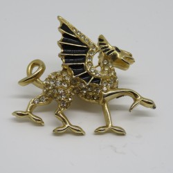 1980's Vintage Griffin Shaped Enamel and Clear Rhinestones Brooch