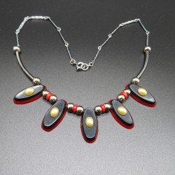1930's Art Deco Black on Red Galalith Necklace by Jakob Bengel