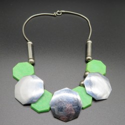 Jakob Bengel Necklace with Hexagonal Green Galalith and Chrome Geometric Panels.